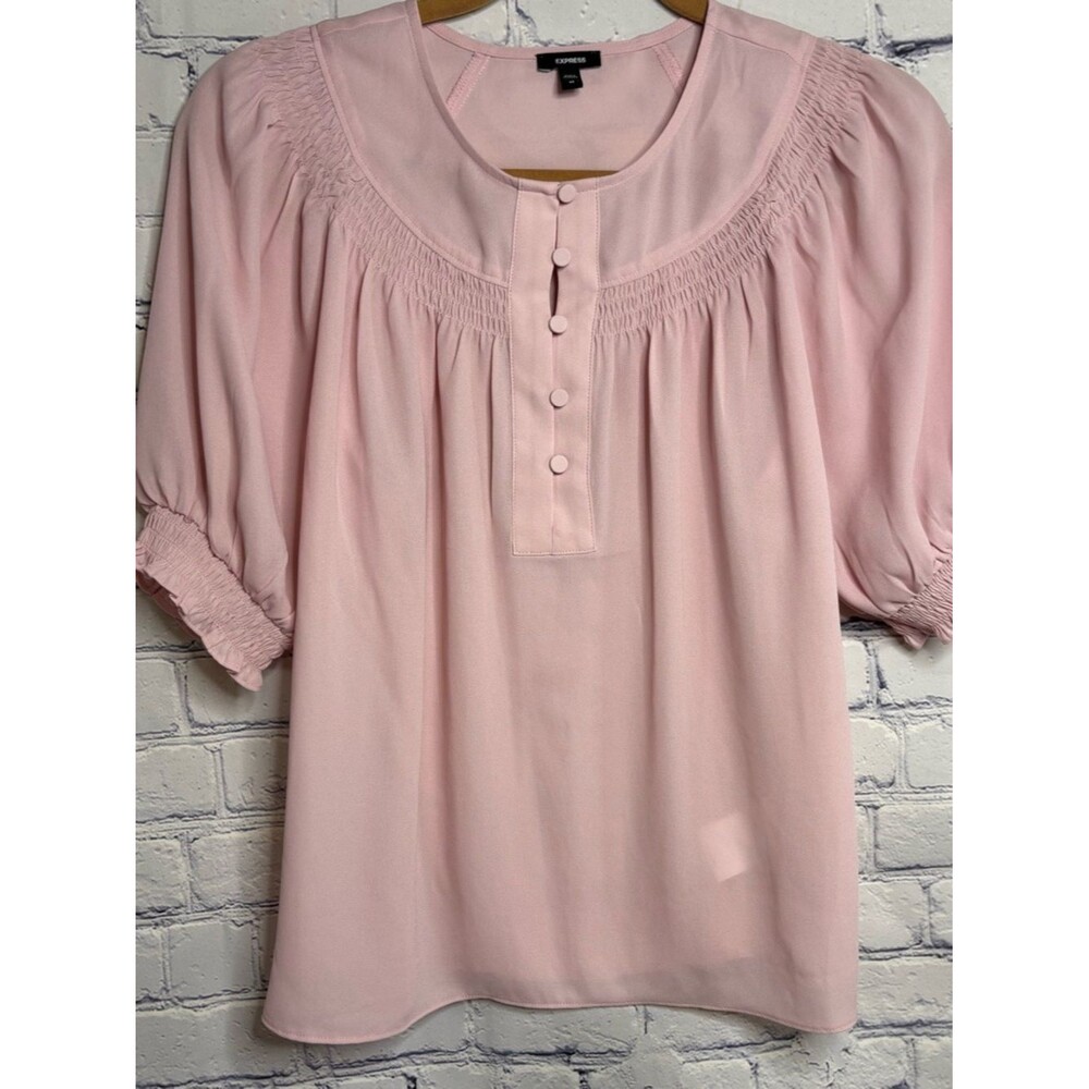 Express Pale Pink Puff Sleeve Smocked Casual Office Feminine Sheer Top XS